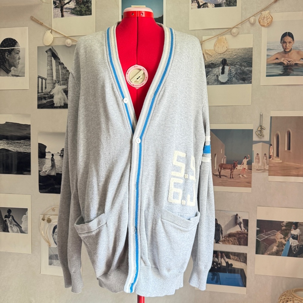 Sean John gray  varsity cardigan with patches